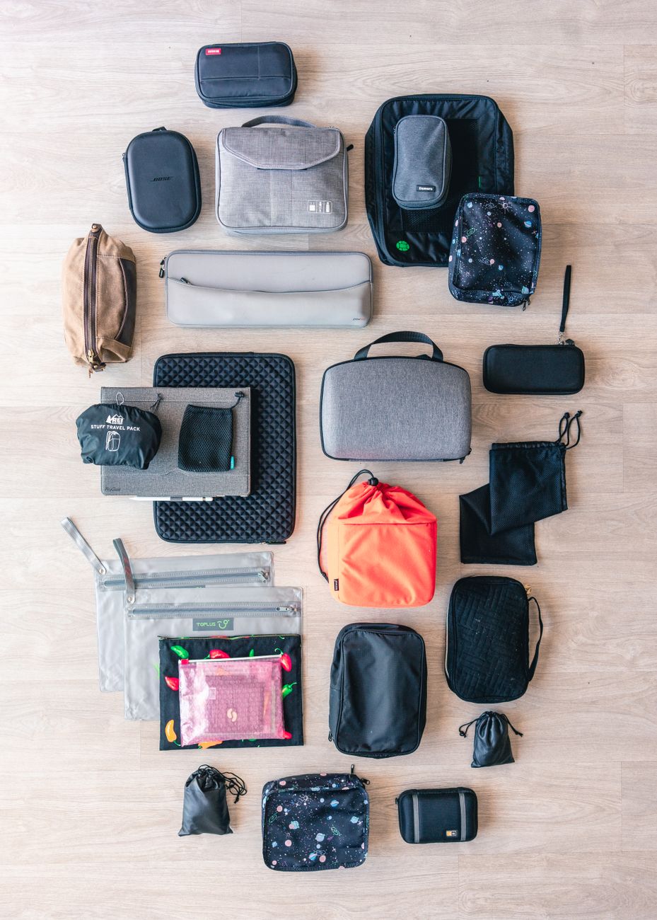 flat lay of pouches and bags