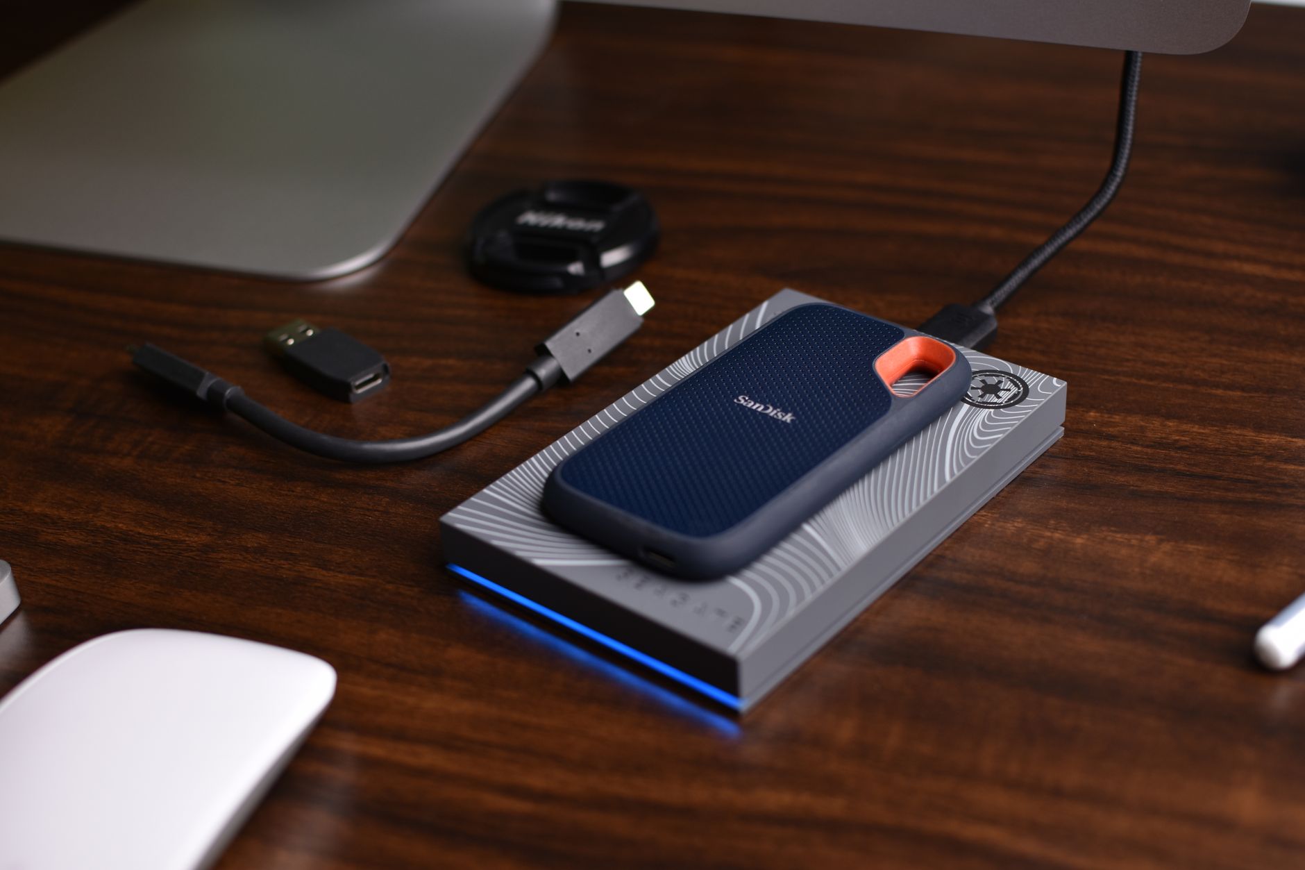 an external storage drive on wooden table