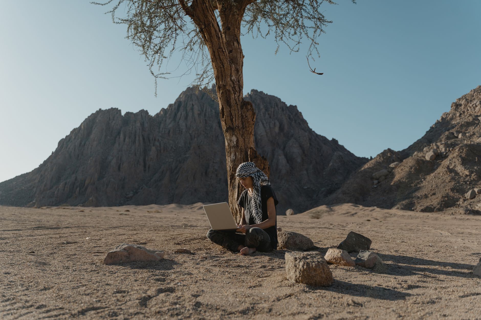 barefooted woman sitting under the brown tree